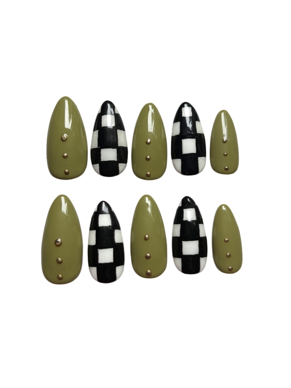 Olive Green and Black Checkered Press On Nails - Size Small
